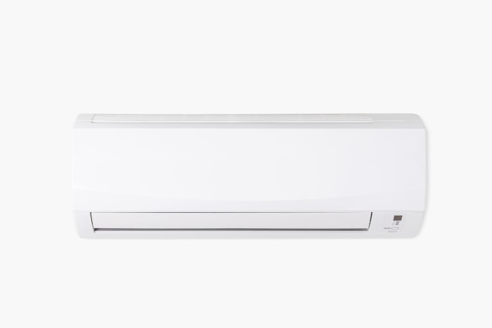 Ar condicionado branco split, design clean, em parede branca.